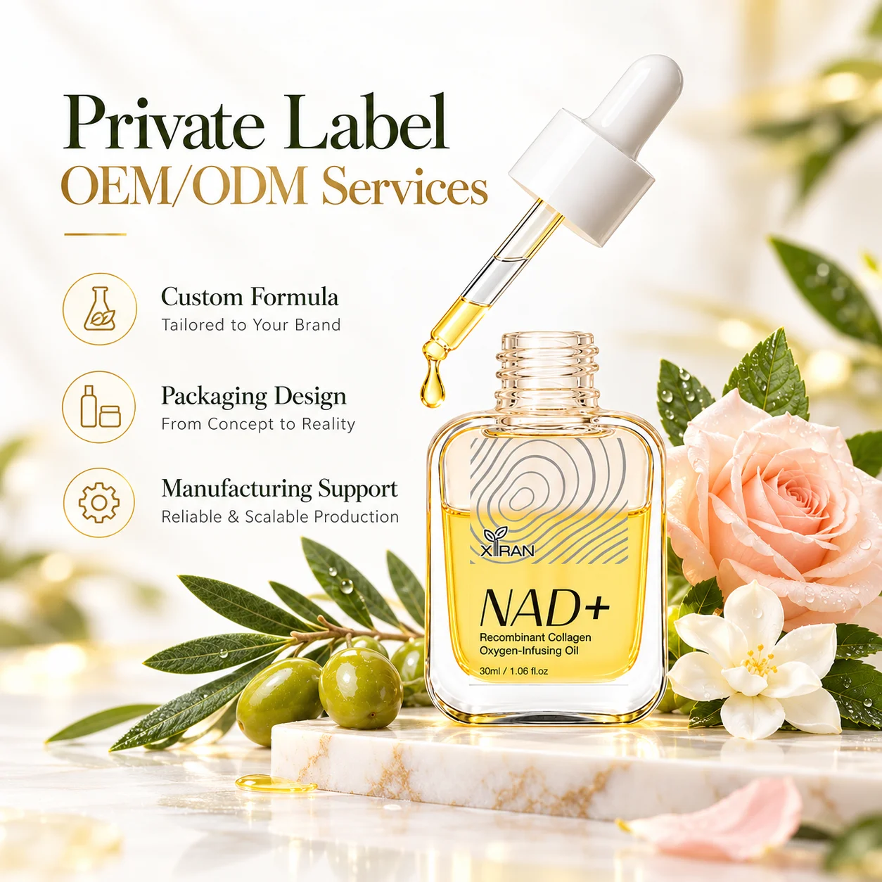 A branded bottle of NAD+ recombinant collagen oxygen-infusing oil with a dropper, surrounded by flowers and olives, showcasing private label OEM/ODM services.